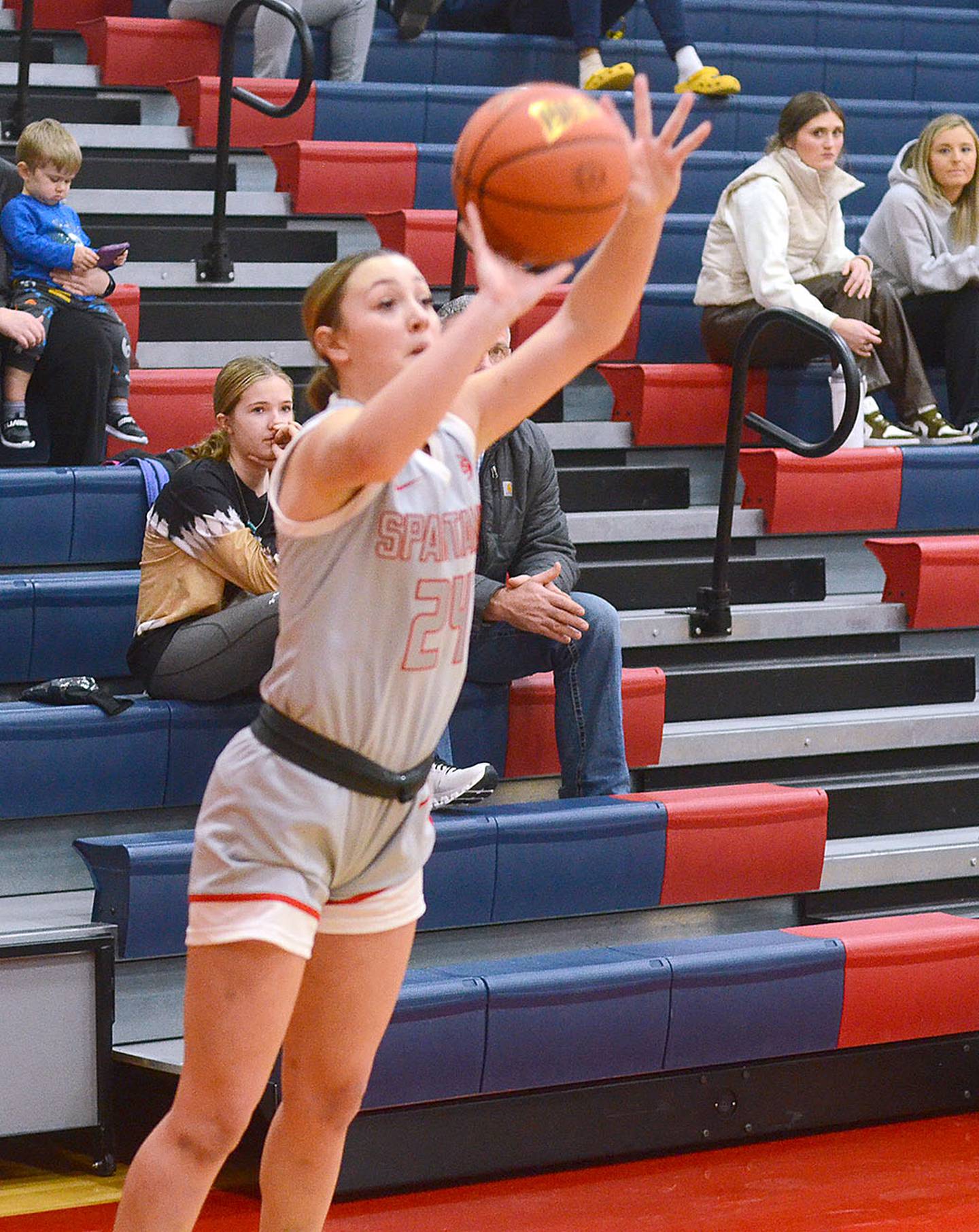 Brooklyn Hadl of Southwestern shoots a 3-pointer during Wednesday's home game. Hadl made two 3-pointers in scoring 10 points in the 54-49 victory.