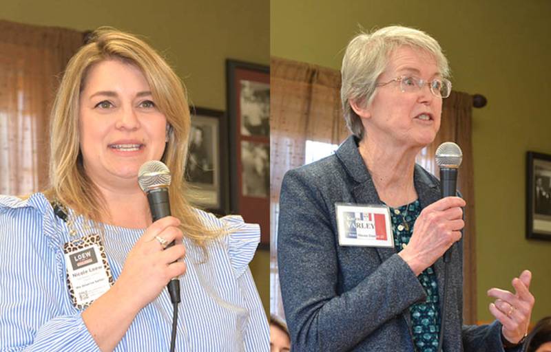 Senate District 12 candidate Nicole Loew (left) and House District 23 candidate Karen Varley (right) speak at a Democratic candidate forum at The Wallace Farm Saturday, March 2.