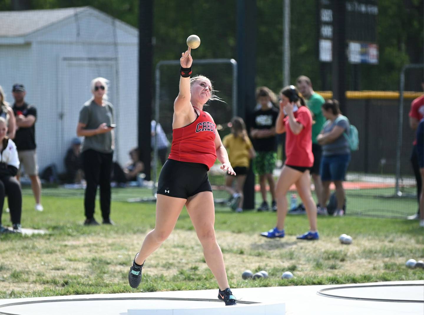 Jaycee Hanson stepped up for the big moment, throwing a 3-feet PR of 37-03.75 to place second at the state qualifying meet.