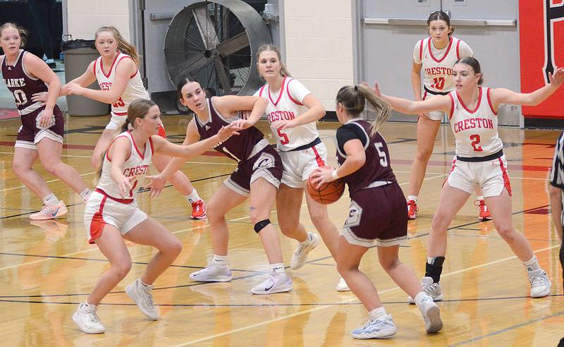 Creston's defense sets up as Clarke's Libby Winter looks for an open teammate during Monday's game. Creston had 22 steals in the 64-59 overtime win. Shown from left are Brynn Tussey, Kadley Bailey, Marlee Stalker (5), Jensan Tussey (10) and Hollynn Rieck (2).