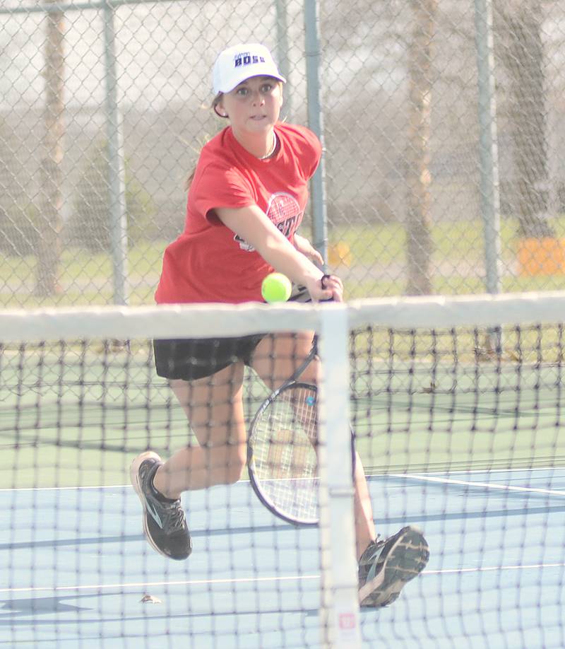 Creston senior Kolbey Bailey gets to a shot at the net during her 8-3 victory at No. 4 singles Thursday against Red Oak. Bailey and Abbie Wheeler teamed for a 9-8 win on tiebreaker at No. 3. doubles to clinch the team's 5-4 victory.