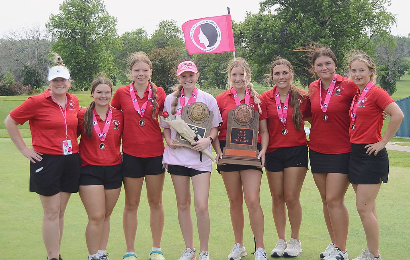 The Mount Ayr team placed seventh in the Class 1A girls state tournament with a two-day score of 765. Team members are from left, coach Kelly Shaffer, Olivia Huntington, Izzy Gilbertson, Jaylee Shaffer, Kami Willis, Claire Routh, Alana Doolittle and Abby Larson.