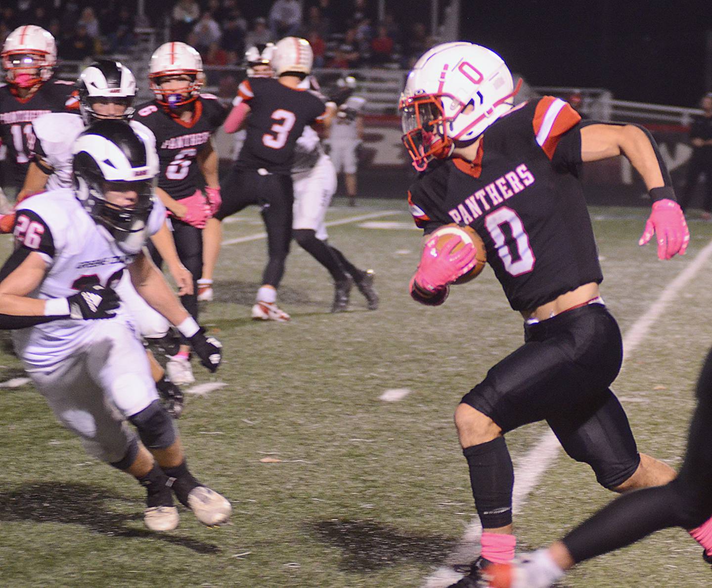 Seth Gordon of Creston (0) returns a kickoff to the Greene County 38-yard line to set up a Panther touchdown in the second quarter Friday. Gordon caught five passes for 90 yards and one TD.