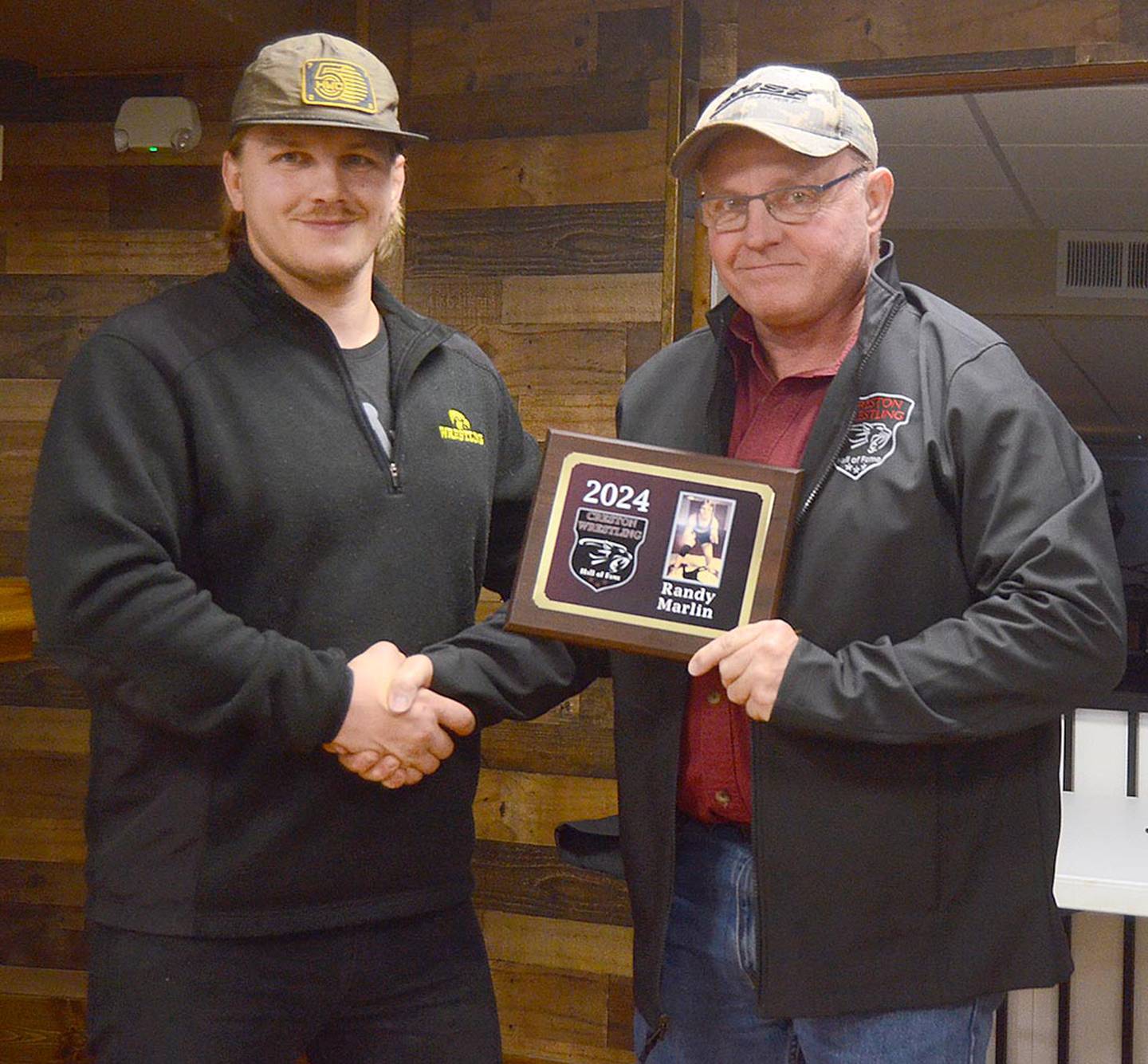 Randy Marlin (right), 2024 Creston Wrestling Hall of Fame inductee, with son Jake Marlin, 2019 inductee. Randy Marlin was a two-time state finalist and state champion in 1986.