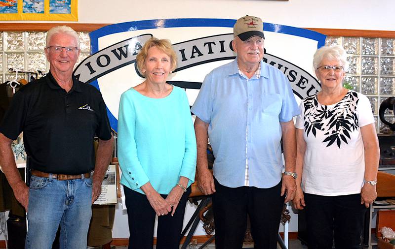 With Iowa Aviation Museum President Greg Schildberg are from left, Barbara Mallon, distant relative of 2025 inductee the late Elling O. Weeks; inductee Ralph Storm and his wife Susan of Webster City. Also inducted was the late "Double Ace" Col. James P. Hagerstrom, born in Cedar Falls in 1921.