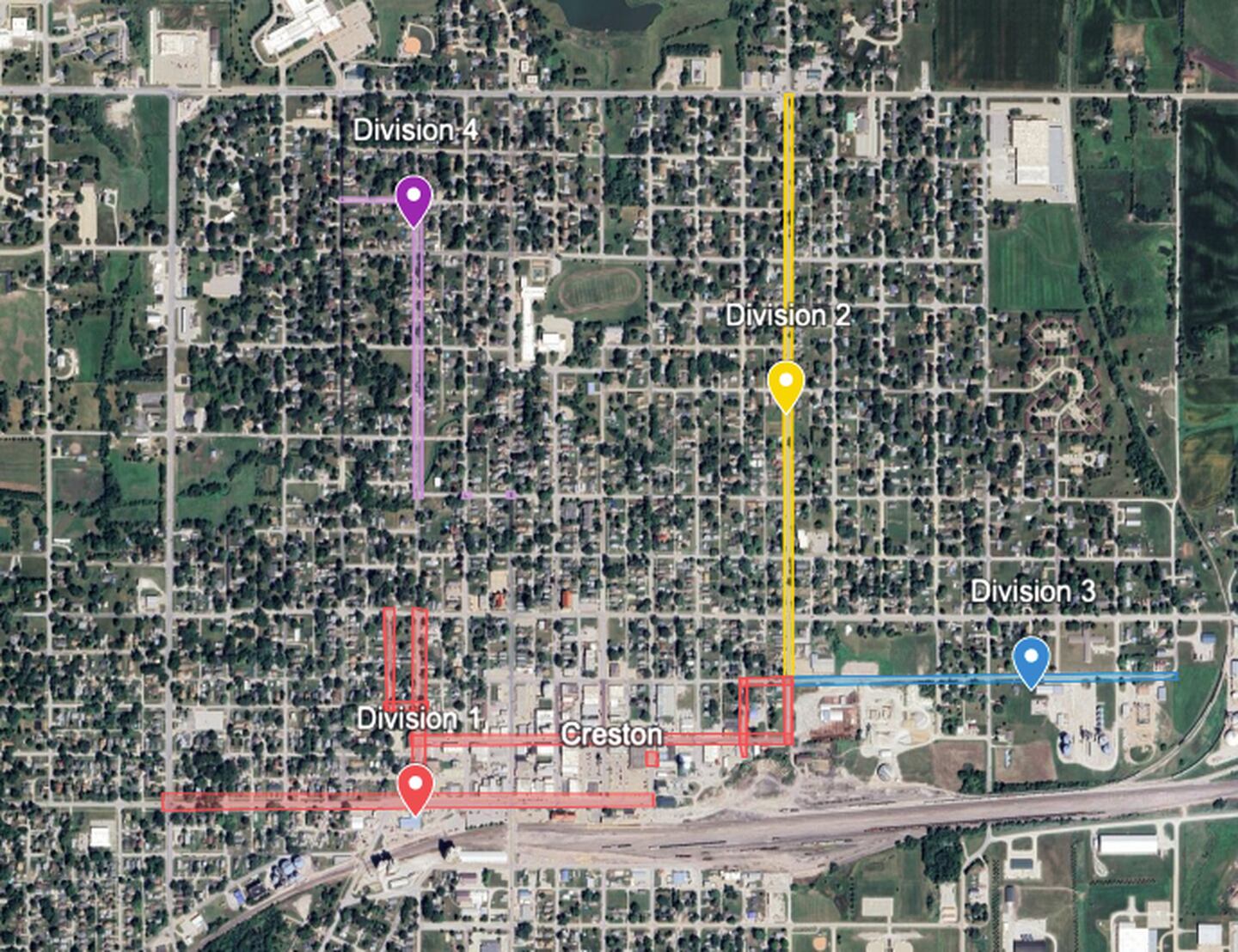 The four divisions which will see water main improvements over the next two years. Each division covers a specific area, Division 1 for Adams and Montgomery Street, Division 2 for Cherry Street, Division 3 for Mills Street and Division 4 for Division Street.