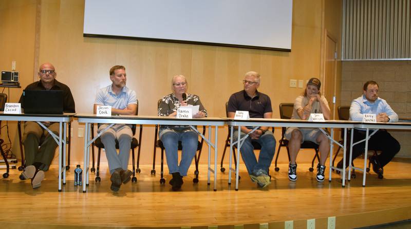 From left, Brandon Cozad, Jason Cook, Karen Drake, Toby Henry, Jen Worisek and Korey Sanchez participate in the 2025 Creston City Council candidate forum Thursday, Oct. 16. Candidate Jocelyn Blazek was not in attendance.