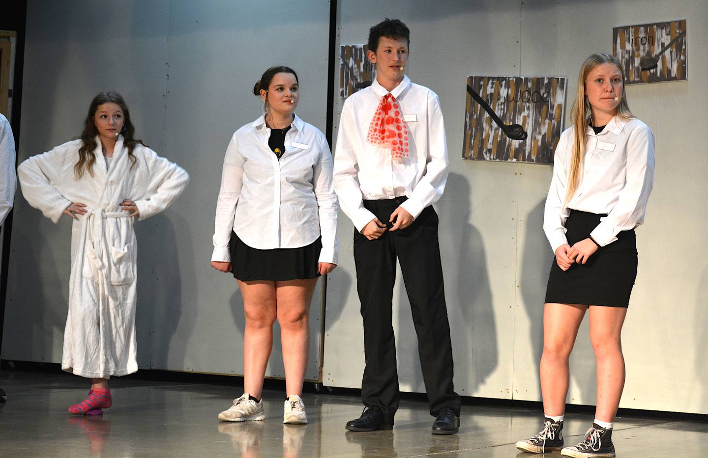 Sissy Culpepper (Izzy Mohr), Lily Pearce (Reese Guiter), Teddy Masters (Cyler Wuebker) and Glenda Pearce (Khloe Parker) perform during a runthrough of "Par for the Corpse."