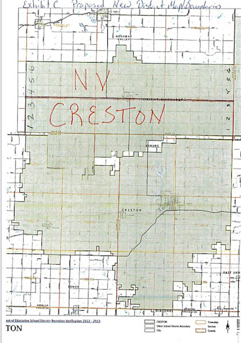 Creston schools offered this map of proposed new boundaries with Creston absorbing a portion of the Orient-Macksburg school district.