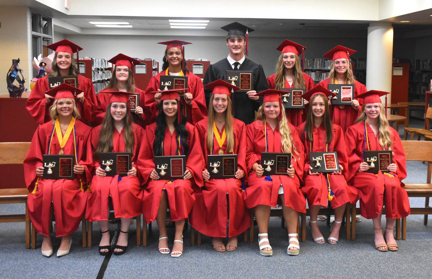 Creston’s 2025 valedictorians were honored during the commencement ceremony with plaques. Valedictorians, front row, from left: Ava Adamson, Anna Bolinger, Kylie Campbell-Metheny, Payton Davis, Savanna Davis, Alyssa Gerdes, Elisabeth Henry. Back row: Adyson Morrison, Delaney Pettit, Khouri Sherrod, Gabriel Hopkins, Zoey Vandevender, Sasha Wurster.