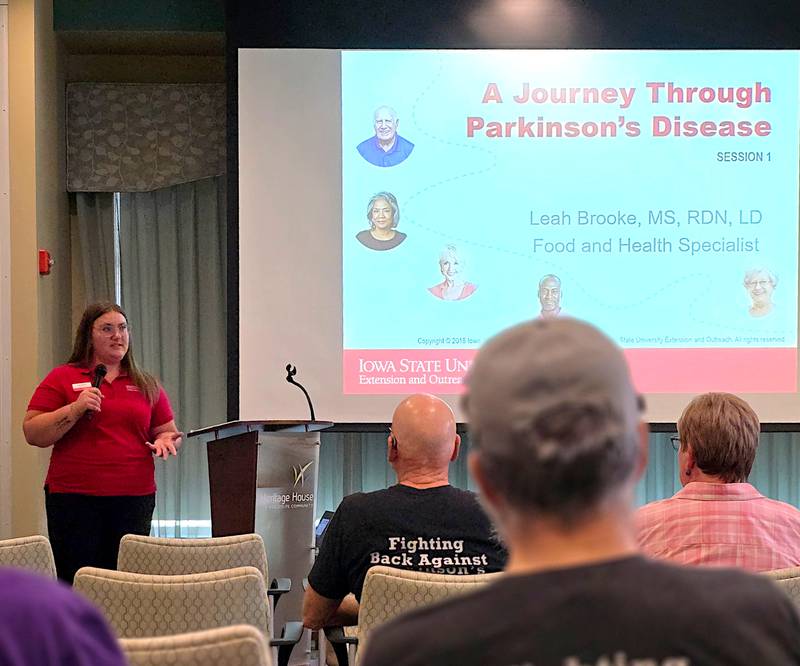 Health and Human Sciences Specialist Leah Brooke teaches her class "A Journey Through Parkinson's Disease" in Atlantic at Heritage House Senior Living. She will begin an online series of the class starting on Monday.