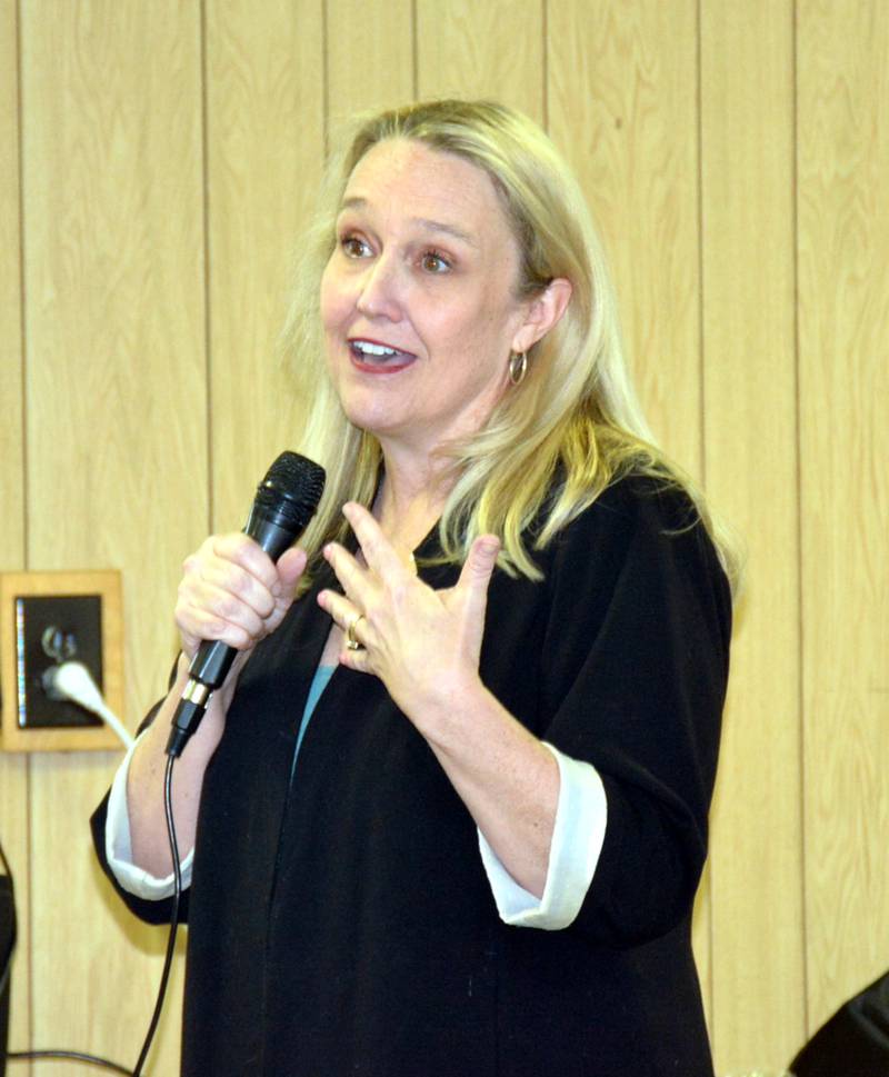 Iowa House Minority Leader Jennifer Konfrst, a Democrat from Windsor Heights, speaks to a group at The Gathering Place Sunday