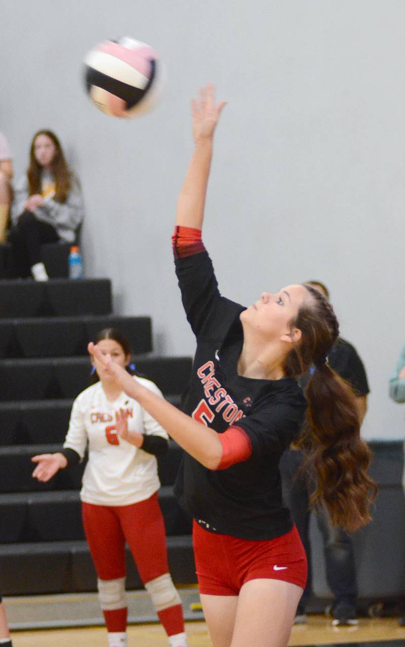 Creston sophomore Braylee Pokorny sends a serve to the Winterset court Tuesday. Pokorny served 5-7 with one ace along with three kills and two blocks in the 3-0 regional loss.