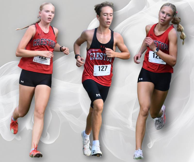 From left, Reese Strunk placed second, Wyatt Goodenberger finished third and Cora Strunk was the individual champion at the Paul Fish Invitational in Red Oak Monday.