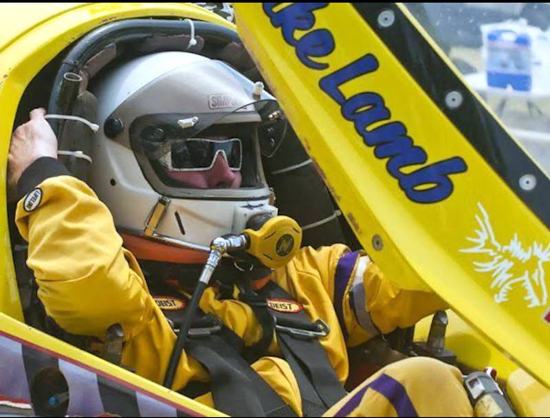 Mike Lamb of Greenfield at the controls of his drag boat.