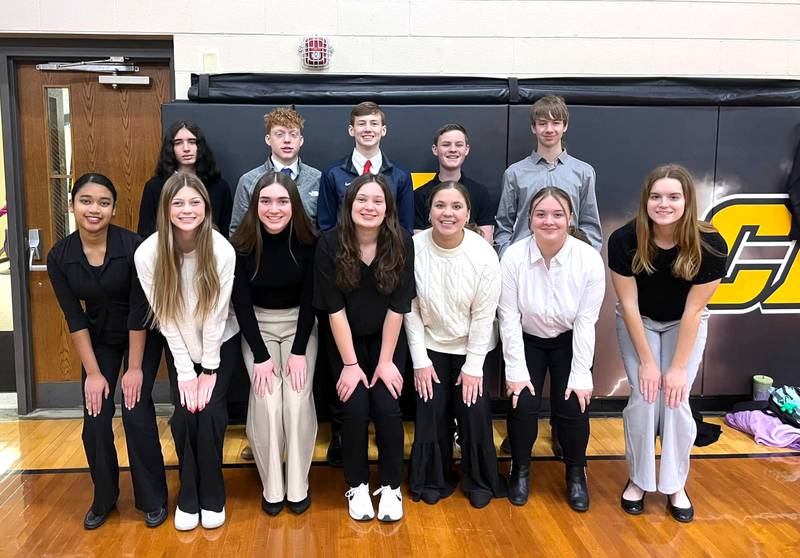 Those participating in the district large group speech contest Saturday, Jan. 25 in Guthrie Center are in front from left, Michidel Mercado, Bella Day, Melanie Kilborn, Caroline Britten, Delaney Blomme, Elaina Stuva, Kacie Ford; back row: Jonathan Maldonado, Erik Jensen, Paul Kading, Micah Cronk and Dominic Breheny. Not pictured is Vivienne Burnside.